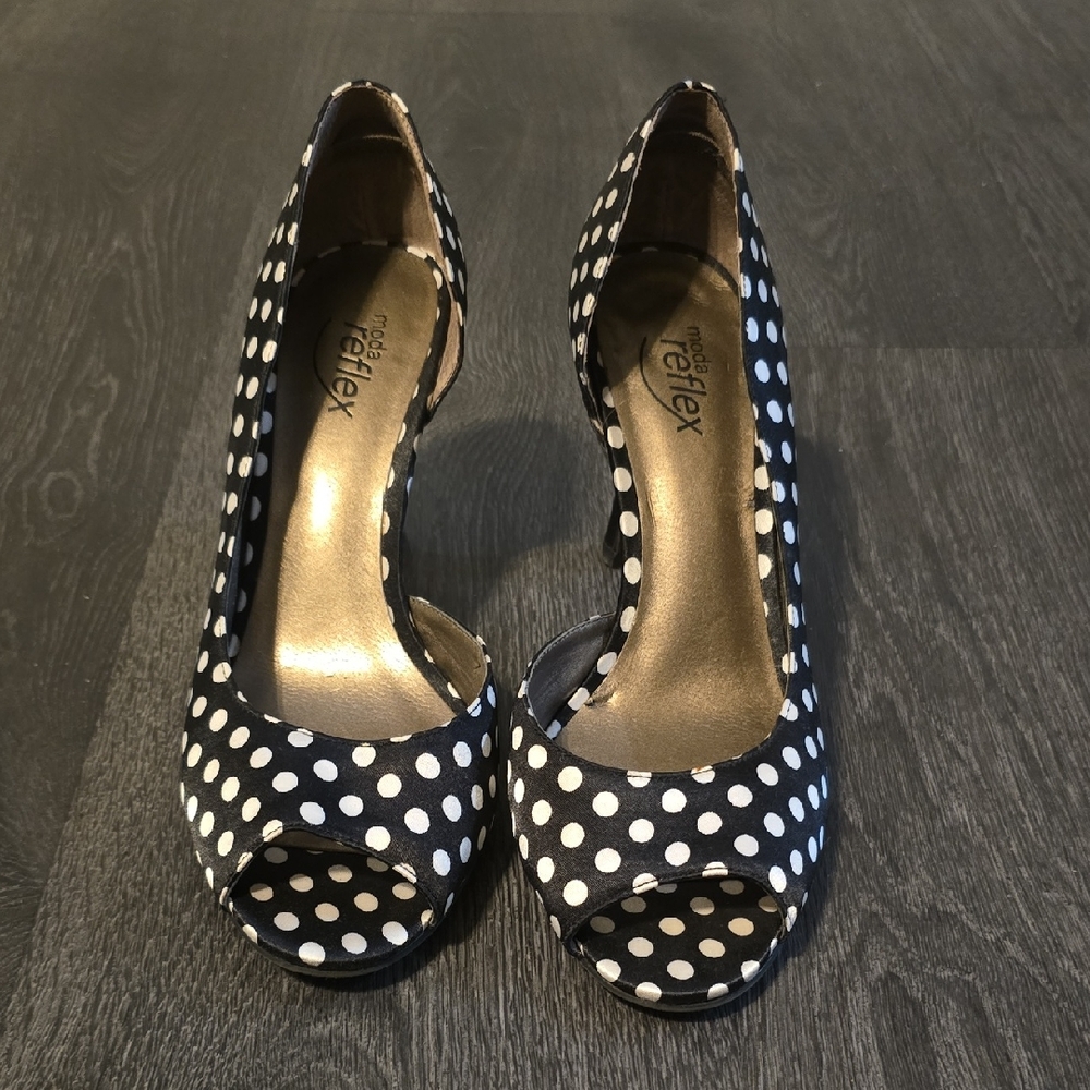Reflex Black and White Polka Dot Peep Toe Heels - Picture 1 of 6